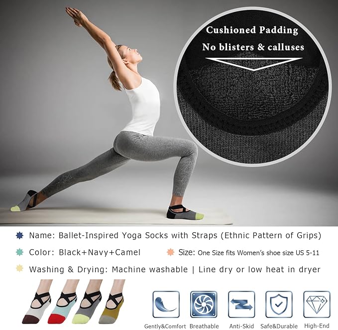Ozaiic Yoga Socks for Women Non-Slip Grips & Straps, Ideal for Pilates, Pure Barre, Ballet, Dance, Barefoot Workout