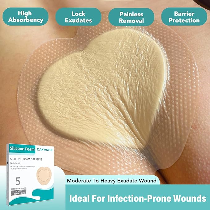 Adhesive Border 7"x7", 5 Packs, Highly Absorbent, Breathable Waterproof Sacral Bandage Pad for Bed Sore, Pressure Ulcer Wound Dressing