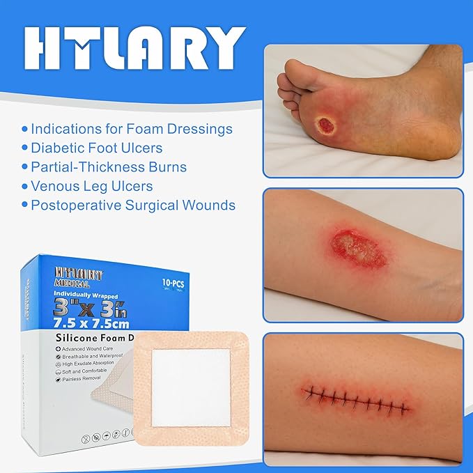 Silicone Foam Dressing 3x3 inches 10 Pack Advanced Exudate Control for Pressure Ulcers, Surgical Wounds & Diabetic Care Waterproof Wound Dressing First Aid Bandage for Wound Care