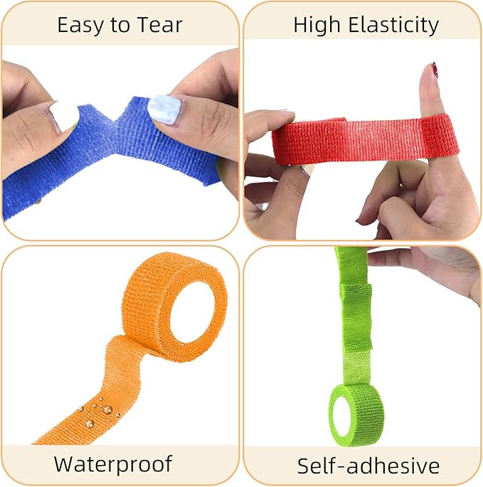 12 Pack 1 Inches Self Adhesive Bandage Wrap,Elastic Wrap,Athletic Tape,Finger Tape,Breathable Cohesive Bandage,for Sports,Wrist,Ankle,Knee,Finger(5 Yards,12 Colors)