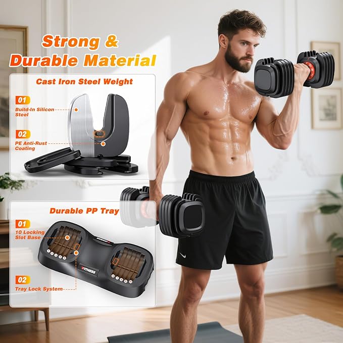 XDDIAS Adjustable Dumbbell Set of 2-25LB/55LB Set-1Sec Adjustable Dumbbell Weights-5 in 1 Free Weights Dumbbells Set with Effortless Tray/No-Slip Handle-Compact Size for Women/Men at Home Gym