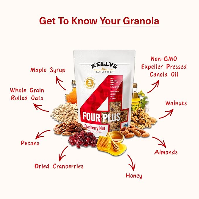 Kelly's Four Plus (Cranberry Nut) Granola Cereal with Whole Grain Oats, Honey, Maple Syrup - Non-GMO, Low Sugar, Sodium Free and Gluten Free Granola for Yogurt - 12oz (Pack of 6)