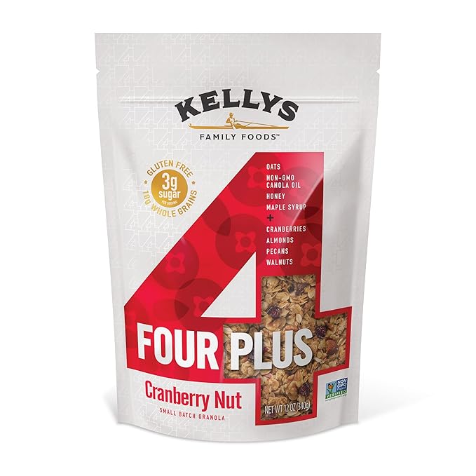 Kelly's Four Plus Granola (Variety Pack) Healthy Granola Cereal with Whole Grain Oats, Honey, Maple Syrup - Non-GMO, Low Sugar, Sodium Free and Gluten Free Granola for Yogurt - 12oz (Pack of 4)