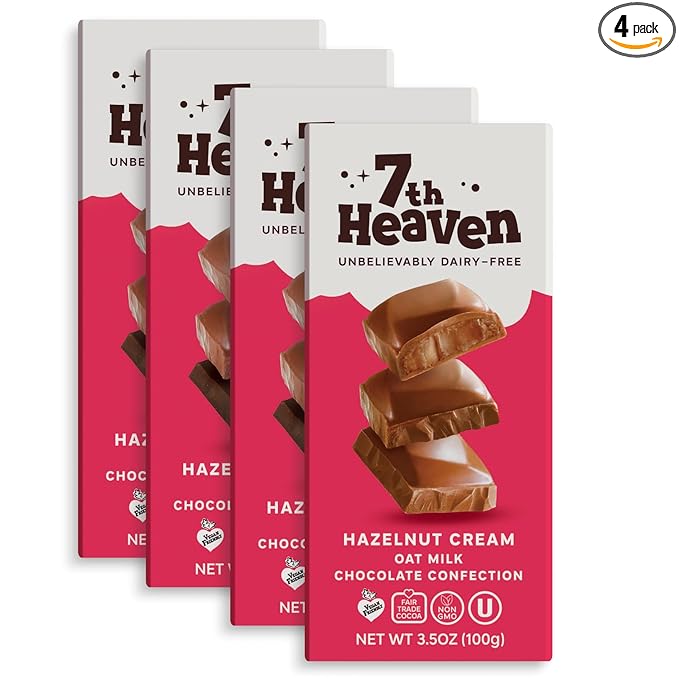 7th Heaven, Vegan Hazelnut Cream Oat Milk Chocolate Bar (3.5oz Full Size Candy Bars - 4 Packs) - Perfect for Easter Candy, Plant Based Dairy Free Chocolate with Peanut Butter Filling, Fair Trade Cocoa & Coconut Oil, Kosher Parve