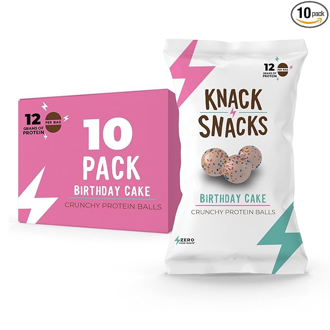 Knack Snacks | Crunchy Protein Balls - Vanilla Birthday Cake Flavor (10x 1.2oz Bags) | Lunchbox Ready, High Protein, Naturally Gluten Free, Lower Sugar, Snack for School, Work, Travel, Parties, Gaming