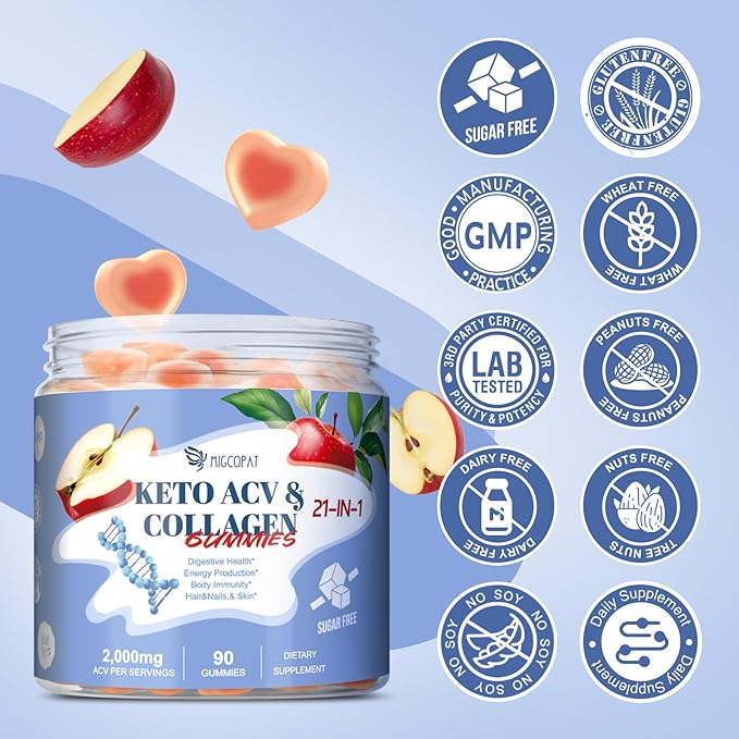 21 in 1 Keto ACV & Collagen Gummies, Sugar Free Apple Cider Vinegar Gummies with Biotin, Probiotics, Vitamins for Healthy Hair, Skin, Nails & Digestive Support, Apple Flavored, 90 Count