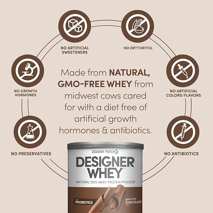 Designer Wellness Designer Whey Natural 100% Whey Protein Powder with Probiotics , Fiber, and Key B-Vitamins for Energy, Gluten-free, Non-GMO, Gourmet Chocolate 12 oz