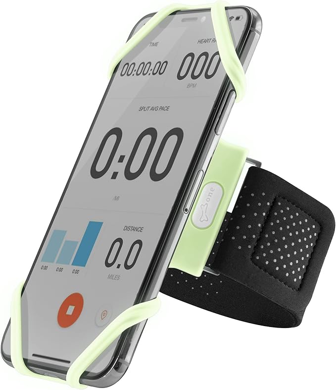 BONE Run Tie, Running Cell Phone Holder, Skin-Friendly & Washable Silicone Sport Armband, Universal Workout Phone Carrier Compatible with Most Smartphone (Luminous - Size S/Arm Size 7.9-9.8'')