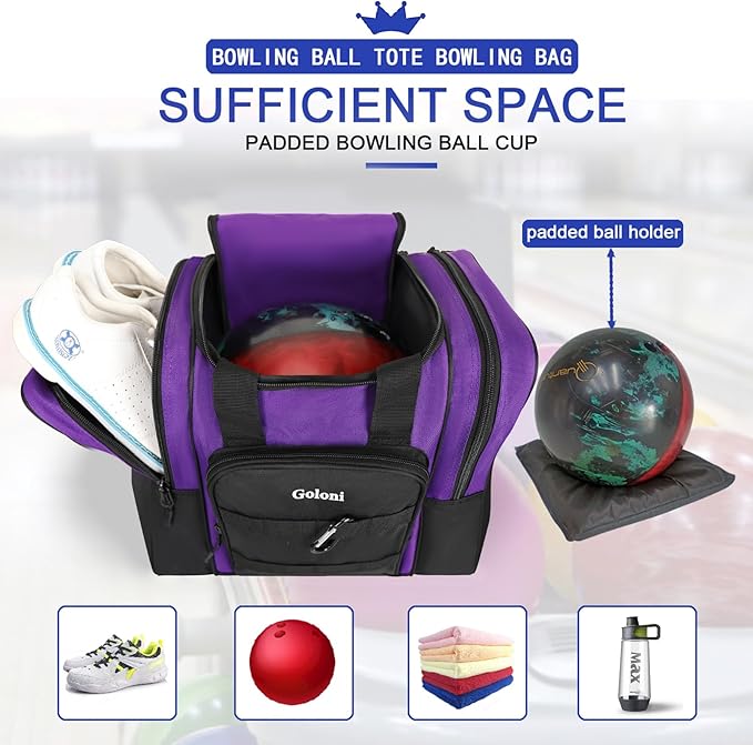 Goloni Bowling Ball Bag for Singer Ball with Padded Ball Holder, 2 Pockets fit Bowling Shoes Up to Mens Size 14 and Accessories
