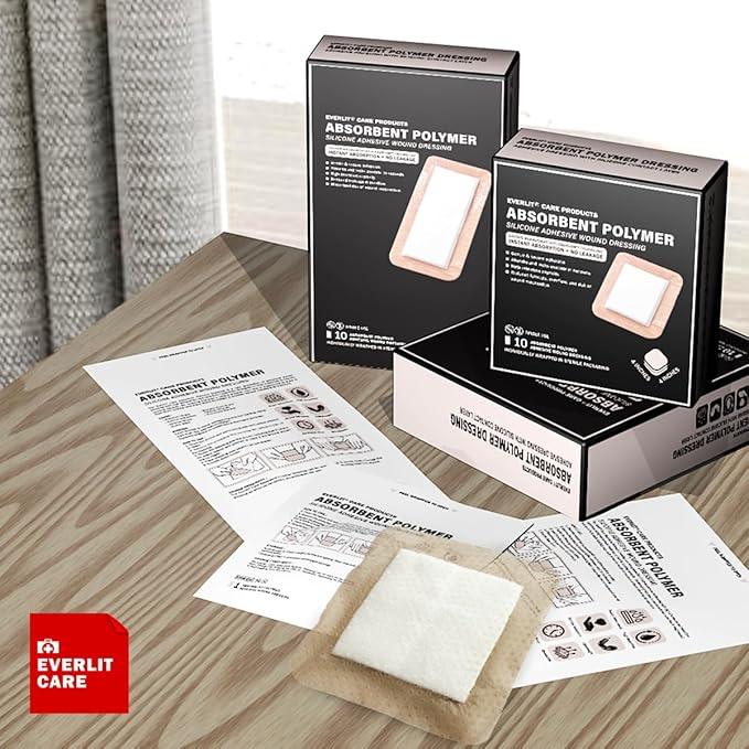 EVERLIT Silicone Super Absorbent Dressing | Sterile Adhesive Bandage Pad for High Absorbency & Reduced Skin Maceration | Fast Healing Advanced Wound Care for Heavily Exudating Wound (6" x 6")