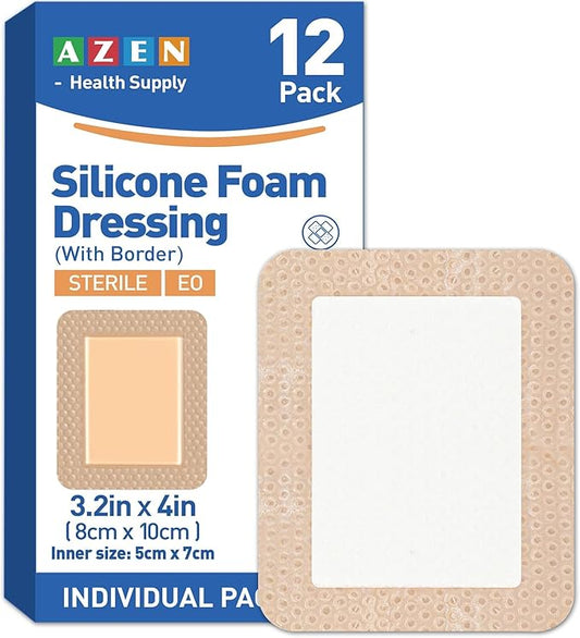 AZEN 12 Pack Silicone Foam Dressing, 3.2" X 4" Waterproof Silicone Bandages with Border Adhesive, Large Bandages for Wounds, Self Adhesive Wound Care and Dressings