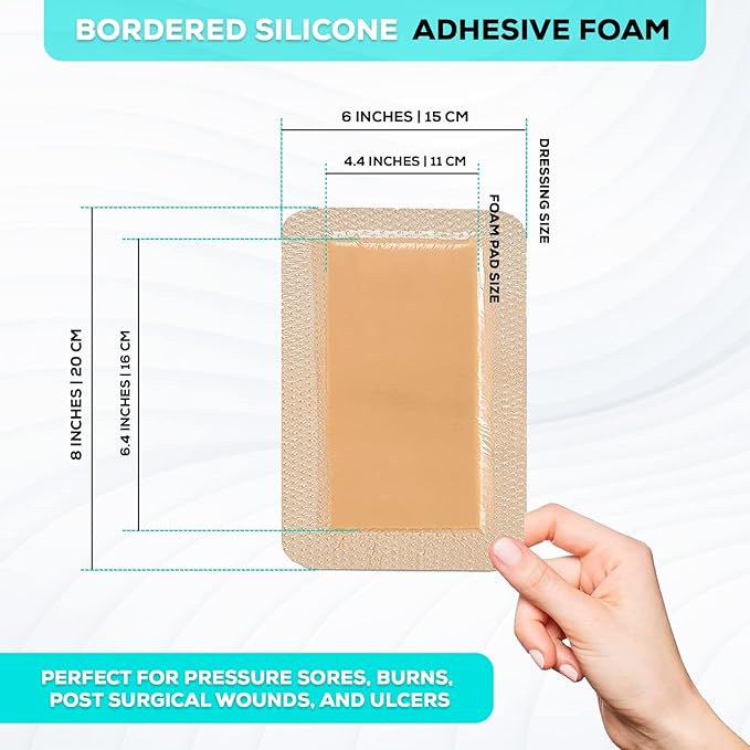 MedVance Silicone Foam Dressing - Waterproof Silicone Pad - Easy Apply & Removable Sterile Bandages - Wound Care & Dressings for Burns & More (6"x8" Bandage, 4.4"x6.4" Wound Pad) (Box of 5)