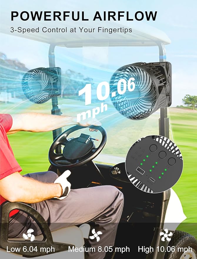 2-Pack Magnetic Clip on Fan for Golf Cart, 12000mAH Battery Operated Portable Fan with 3 Speeds, LED Lantern, Magnetic Base, Suitable for EZGO Club Car Yamaha, Golf Cart & Cruise Ship Accessories