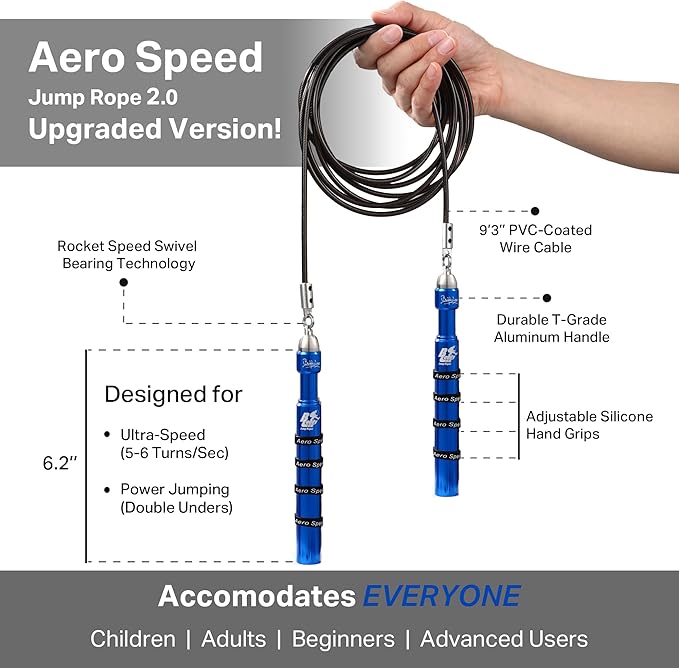 Buddy Lee Aero Speed Jump Rope 2.0 Upgraded Version with Sonic Rocket Speed Swivel Bearing | Tangle-Free & Adjustable Jump Rope for Men & Women - For Fitness, Double-Unders, and Cross-Training