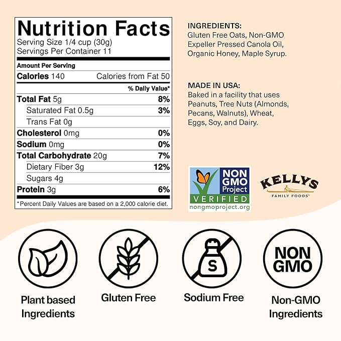 Kelly's Four Plus (Honey Maple) Healthy Granola Cereal with Whole Grain Oats, Honey, Maple Syrup - Non-GMO, Low Sugar, Sodium Free and Gluten Free Granola for Yogurt - 12oz