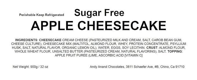 Andy Anand Sugar Free Apple Cheesecake 9" - Crafted with Real California Cream Cheese, Fresh and Natural Ingredients, Amazingly Delicious, Perfect for Diabetics & Dessert Lovers (2 lb)