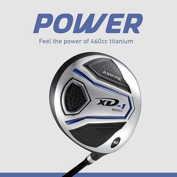 Aspire XD1 Complete Mens Golf Club Set, Includes Titanium Driver, S.S. Fairway, S.S. Hybrid, S.S. 6-PW Irons, Putter, Bag, 3 H/C's, Right & Left Handed Golf Clubs