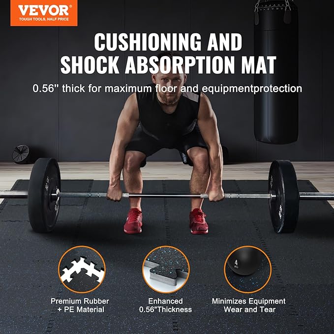VEVOR 0.56 Inch Thick Gym Floor Mats, 12 Tiles Rubber Top with EVA Foam, 25" x 25" Gym Flooring Workout Mat with 48 sq.ft Coverage, Interlocking Puzzle Gym Mats for Home, Garage, Black & Blue