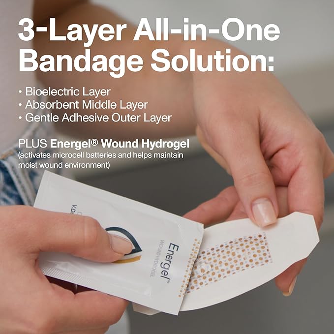 Bioelectric Bandage Kit for Wound Care & Fast Healing – 3-Layers w/Bioelectric Pad, Absorbent Pad, Adhesive + Wound Hydrogel – for Cuts, Abrasions, Blisters, Burns – 4-Pack, 4” x 4”