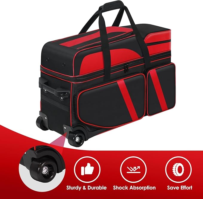 3 Ball Bowling Bag with Wheels, Bowling Bag 3 Ball Roller with Shoe Compartment (Fits Up to Size 16), with Multi-pocket and Retractable Handle Extends to 41.5"