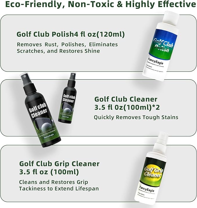 Golf Club Care Kit - Clean, Polish and Restore Irons, Drivers, Putters -Remove Rust, Scratches & Restore Tackiness | Includes Golf Club Cleaner, Polish, Grip Cleaner, Magnetic Towel & Golf Club Brush