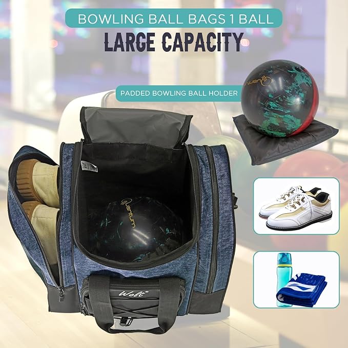 WOLT Bowling Ball Bag for Single Ball - Bowling Ball Tote Bag with Padded Ball Holder, 2 Pockets fit Bowling Shoes Up to Mens Size 14 and Accessories