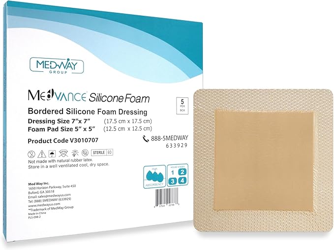 MedVance TM Silicone - Bordered Silicone Adhesive Foam Dressing Size 7"x7" (5"x5" pad), Box of 5 dressings