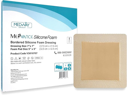 MedVance TM Silicone - Bordered Silicone Adhesive Foam Dressing Size 7"x7" (5"x5" pad), Box of 5 dressings