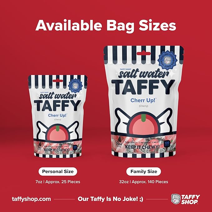 Taffy Shop Cherr Up! Cherry Salt Water Taffy – Gourmet Soft Chewy Candy, Bulk Sweet Snack, Fresh Gift & Gluten-Free, 140 Individually Wrapped Pieces (32oz)