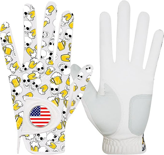 FINGER TEN Golf Gloves Men Left Hand Right with Ball Marker USA Flag Blue Camo Plaid Pack, Mens Leather Golf Glove All Weather Grip Small Medium ML Large XL