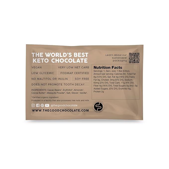 THE GOOD CHOCOLATE - Mini Salted Almonds Chocolate Bars with Zero Sugar & Lower Net Carb - Keto Chocolate Bar Offers Lower Calorie Chocolate Candy - All Natural Non-GMO (Pack of 10)