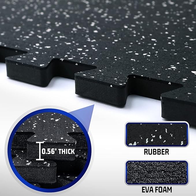 SUPERJARE 0.56'' Thick 12 Pcs 48 Sq Ft Rubber Top Exercise Equipment Mats, High Density EVA Foam Mats with Rubber Top, Interlocking Gym Flooring for Home Gym, Protective Workout Mat, Black/Grey