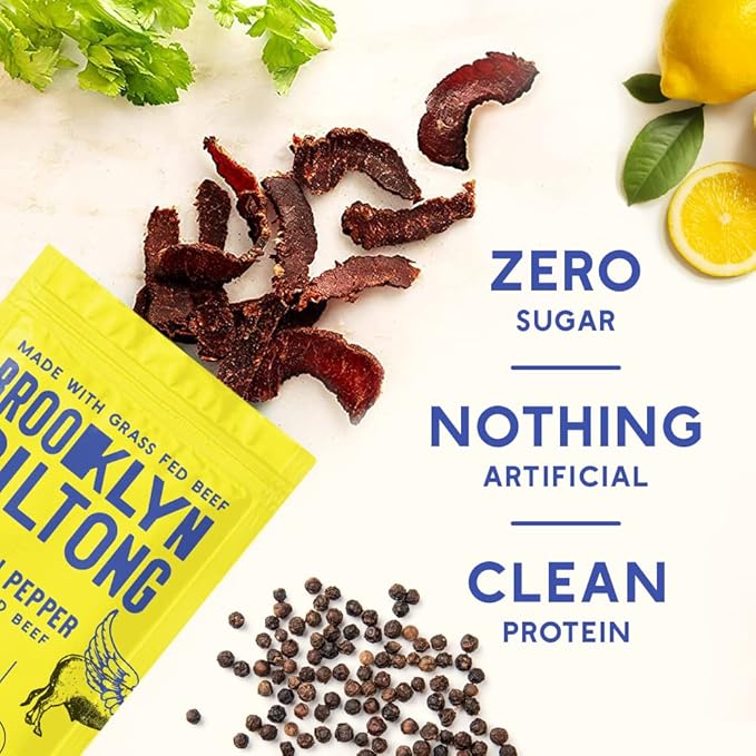 Brooklyn Biltong Air Dried Grass Fed Beef Snack (2 oz, Pack of 8) - Whole30 Approved, Paleo, Keto, Gluten Free, Sugar Free, Made in USA (Lemon Pepper)