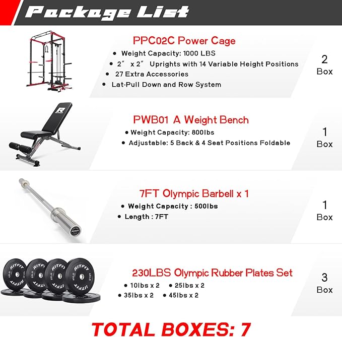 RitFit All-in-One Squat Rack for Home Gym, PPC02C Multi-Function 1000 LBS Capacity Power Cage with LAT Pulldown, Pulley System, Dip Bar, Landmine & More Power Rack Attachments, Package