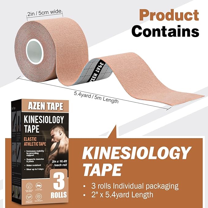 AZEN 3 Rolls Kinesiology Tape, 16.4 ft Waterproof Kinetic Tape for Joints Support and Muscle Pain Relief, Knee Tape, Athletic Tape, Uncut Muscle Tape - Skin