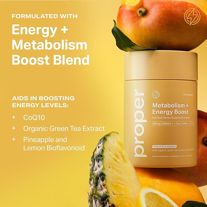 Proper, The Yellows Metabolism and Energy Boost, Sugar Free Energy Drink Powder with 100mg Caffeine. No Creatine or Beta-Alanine. 15 Servings, Pineapple Mango Drink Mix for Men and Women