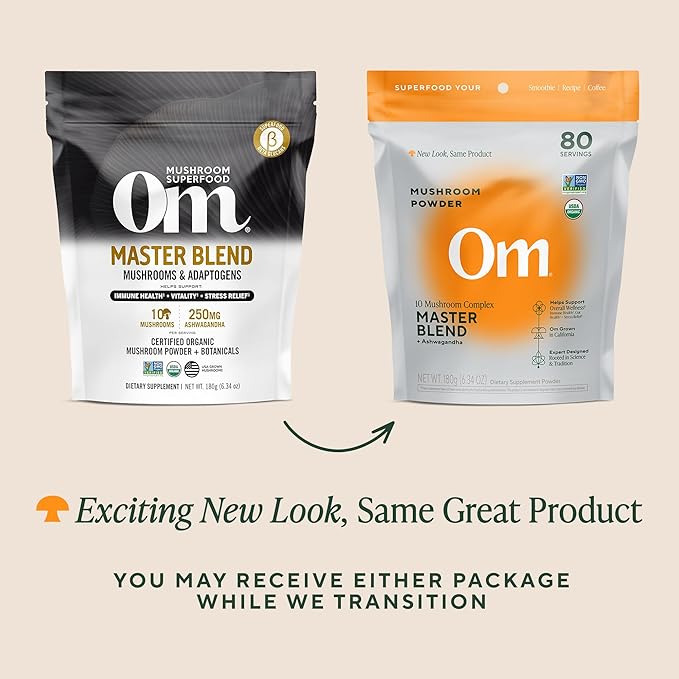 Om Master Blend Mushroom Powder – Organic Mushroom Supplement with 10 Mushrooms and Ashwagandha - Support Immunity, Gut Health & Stress Relief, 6.34 oz (80 Servings)