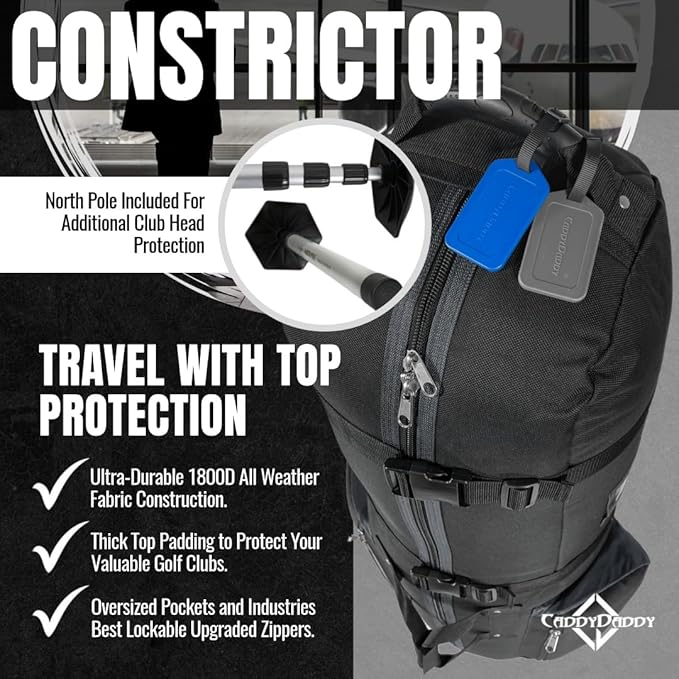 CaddyDaddy Constrictor Soft-Sided Golf Travel Bag Cover with Thick Dense Foam Padded Top 1 Year Full Travel Bag Replacement Coverage | Wheels & Lockable Zippers Case for Transporting Clubs on Airlines