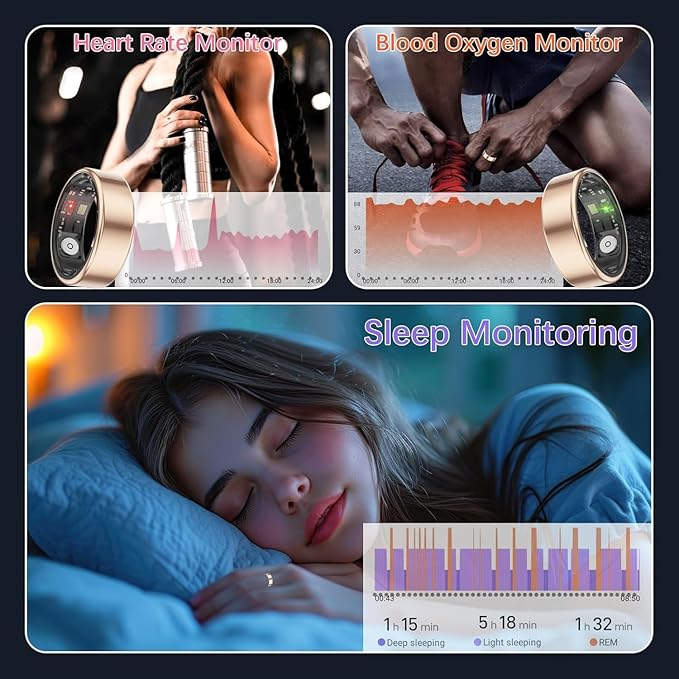 Smart Health Rings for Women Men, Fitness Tracker with Heart Rate, Blood Oxygen, HRV, Sleep Tracker, Step Tracker, No Subscription Fee, IP68 Waterproof Smart Ring for iPhone & Android (Gold 6#)