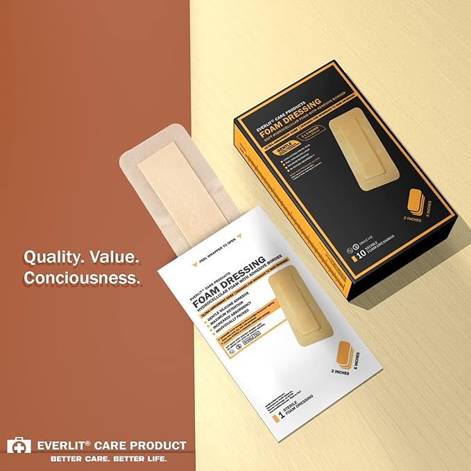 EVERLIT Care Silicone Foam Dressing with Adhesive Border | Highly Absorbent Hypoallergenic Bandages for Chronic Wounds, Bed Sores, Pressure Ulcers | Gentle & Secure Adhesion (2" x 5" | 10 Pack)