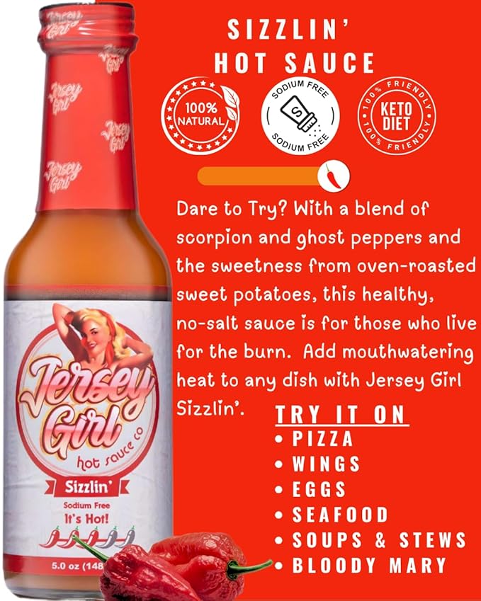 Jersey Girl Sizzlin' No Sodium/Salt Free Hot Sauce - Made with Scorpion & Ghost Pepper 5oz (Spicy) All Natural Ingredients