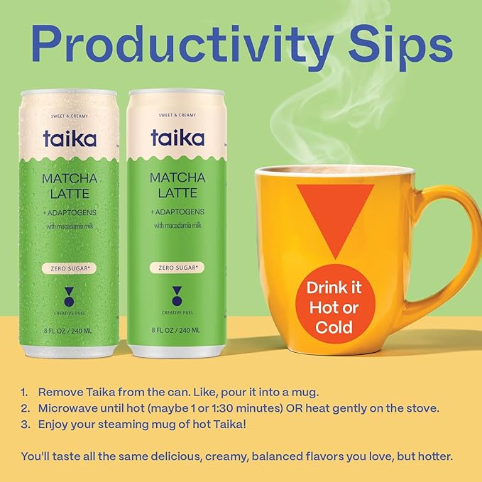 Taika Matcha Latte Iced Matcha Latte, Organic Ceremonial Grade Matcha w/Ashwagandha, 8 Fl Oz (Pack of 12))