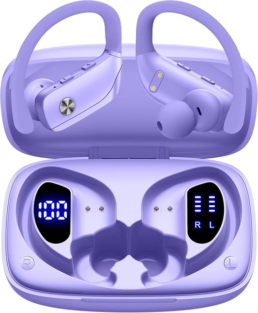 bmani Ear Buds Wireless Earbuds Bluetooth Headphones with 80H Playtime LED Display Case, Over-Ear Hook with Mic, Stereo Sound, Easy Button Controls, Sports Earphones for Running Workout Gym Purple