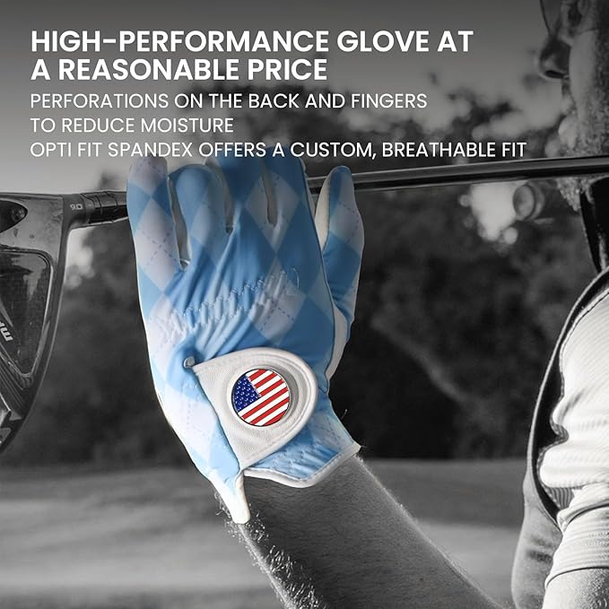 FINGER TEN Golf Gloves Men Left Hand Right with Ball Marker USA Flag Blue Camo Plaid Pack, Mens Leather Golf Glove All Weather Grip Small Medium ML Large XL