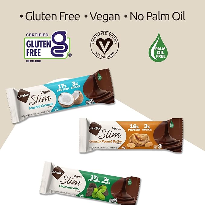 NuGo Slim Dark Chocolate Crunchy Peanut Butter, 17g Vegan Protein, 3g Sugar, 7g Fiber, 180 Calories, Low Net Carbs, Gluten Free, 12 Count