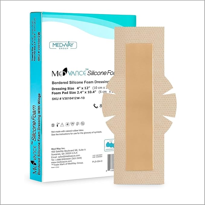 MedVanceTM Silicone - Bordered Silicone Adhesive Foam Dressing (4"x12" w/Wings, 10 Count)