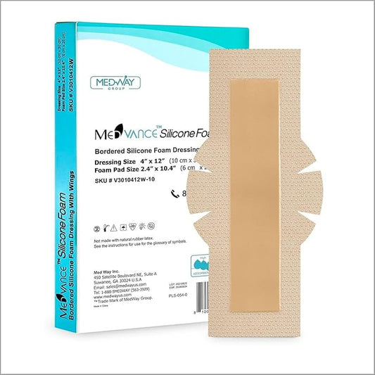 MedVanceTM Silicone - Bordered Silicone Adhesive Foam Dressing (4"x12" w/Wings, 10 Count)