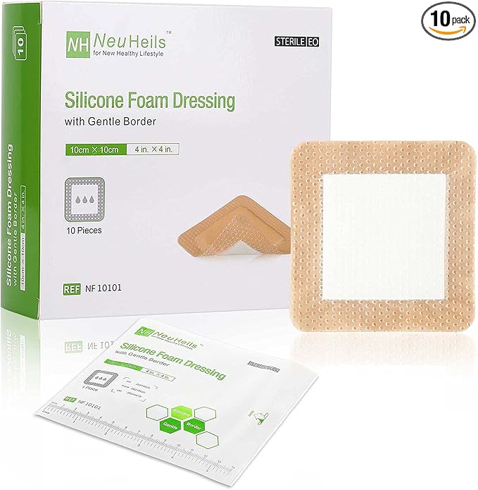 NeuHeils Silicone Adhesive Foam Dressing with Gentle Border 4''x4'' for Bed Sore Leg Ulcer 10 Pack, High Absorbency Waterproof Silicone Wound Bandage