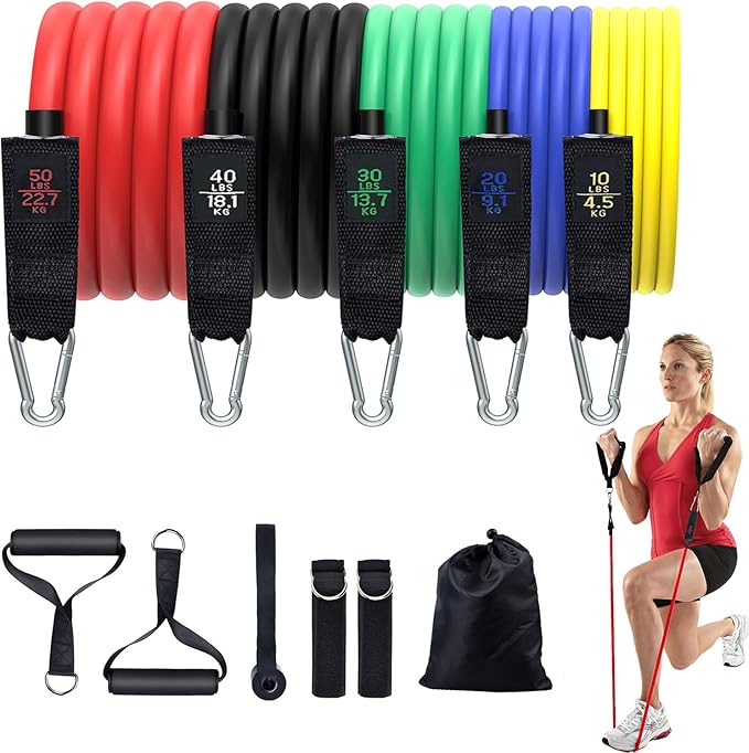 Resistance Bands, Simmgud Exercise Bands Set with Handles, Work Out Bands with Door Anchor, Ankle Straps for Strength Training, Physical Therapy, Home Gym for Men and Women, Yoga, Pilates 150 LBS