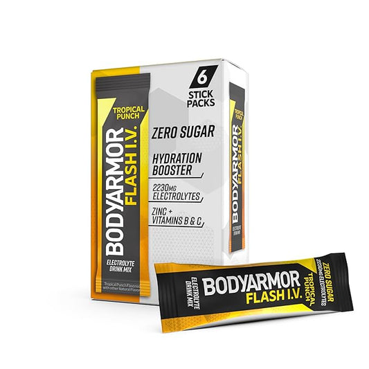 BODYARMOR Flash IV Electrolyte Packets, Tropical Punch - Zero Sugar Drink Mix, Single Serve Packs, Coconut Water Powder (6 Count)
